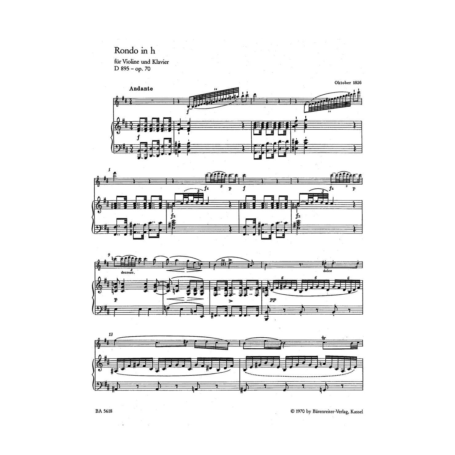 Schubert, Franz - Rondeau Brillante in b minor, Op 70 For Violin and Piano URTEXT Published by Barenretier