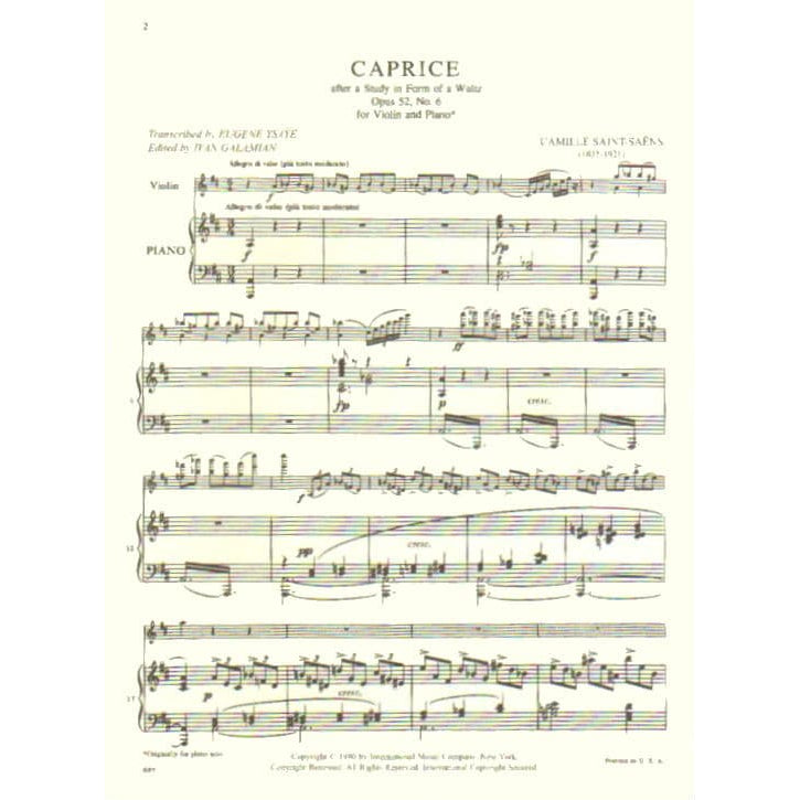 Saint-Saens, Camille - Caprice, Op 52, No 6 - Violin and Piano - edited by Ysaye/Galamian -  published by International Music Company