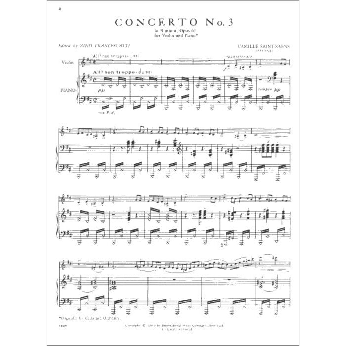 Saint-Saens, Camille - Concerto No 3 in B minor Op 61 - Violin and Piano - published by International Music Company
