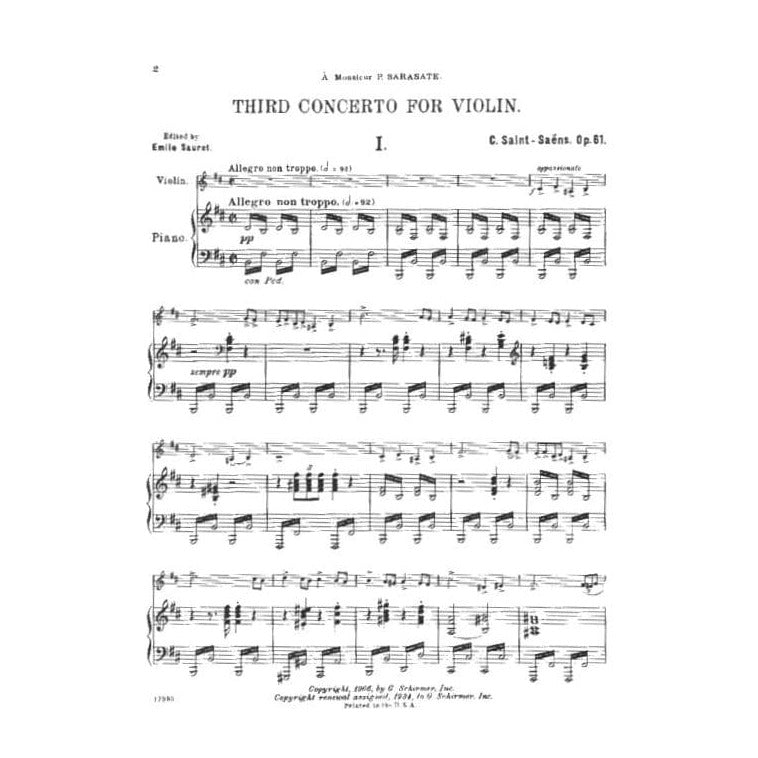 Saint-Saens, Camille - Concerto No 3 in B minor Op 61 - Violin and Piano - published by G Schirmer