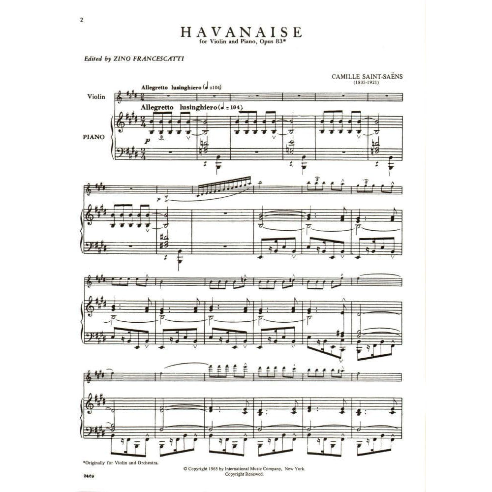 Saint-Saëns, Camille - Havanaise, Op 83 - Violin and Piano - edited by Zino Francescatti - International Music Company
