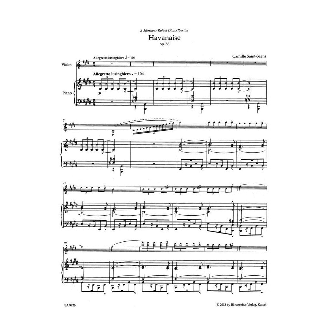 Saint-Saëns, Camille - Havanaise Op 83 for Violin and Piano - edited by Christine Baur - Bärenreiter