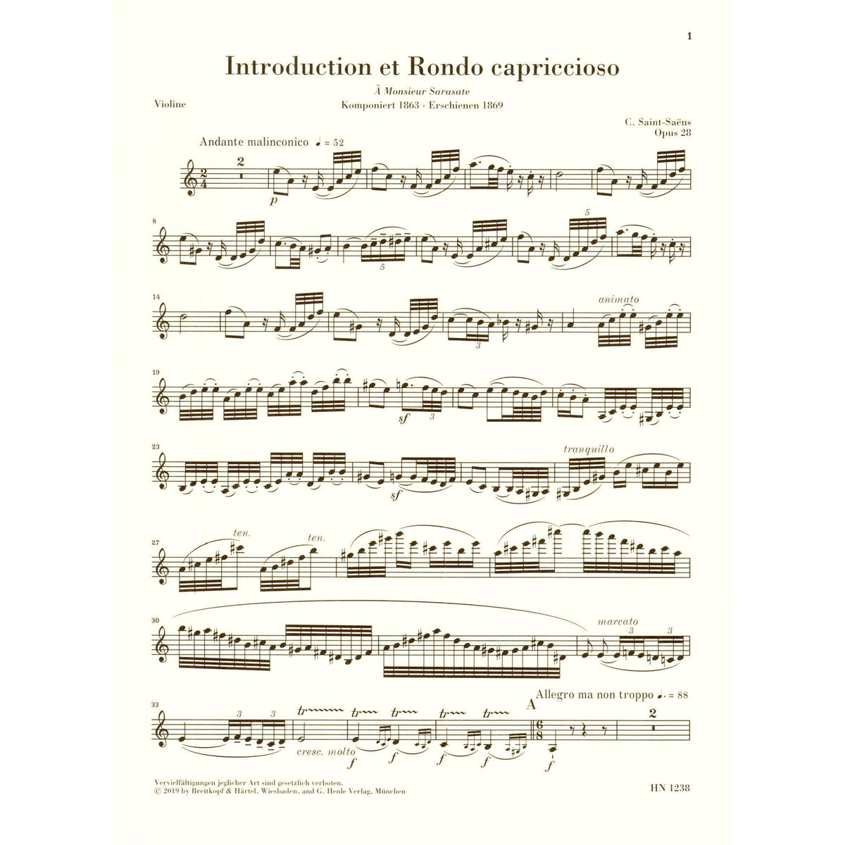 Saint-Saens, Camille - Introduction et Rondo capriccioso - for Violin and Piano - Edited by Peter Jost - G Henle Verlag URTEXT