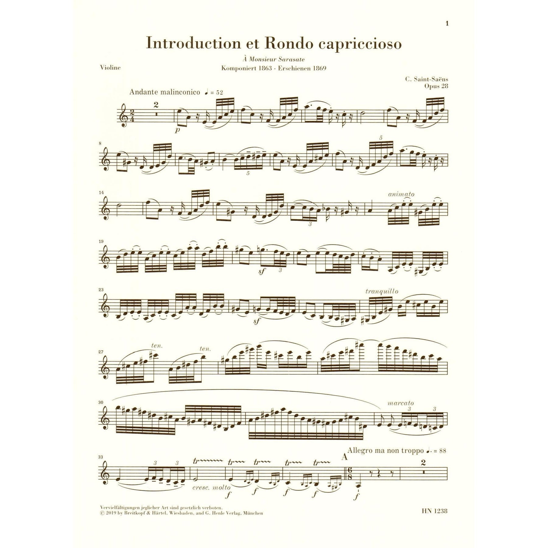 Saint-Saens, Camille - Introduction et Rondo capriccioso - for Violin and Piano - Edited by Peter Jost - G Henle Verlag URTEXT