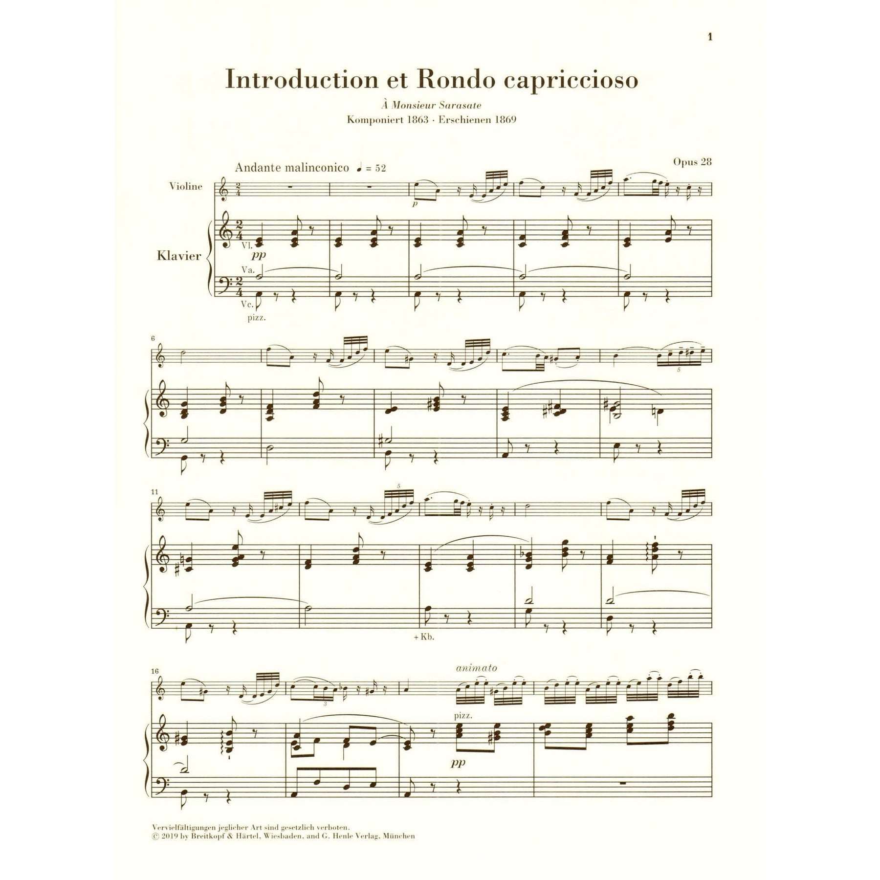 Saint-Saens, Camille - Introduction et Rondo capriccioso - for Violin and Piano - Edited by Peter Jost - G Henle Verlag URTEXT
