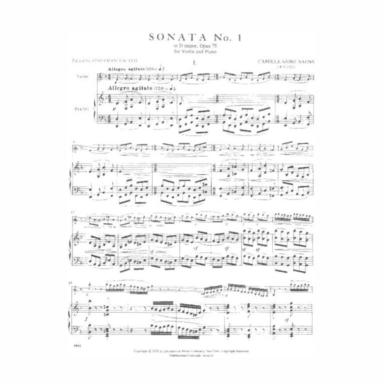 Saint-Saens, Camille - Sonata No 1 in D minor, Op 75 - Violin and Piano - edited by Francescatti - published by International Music Company