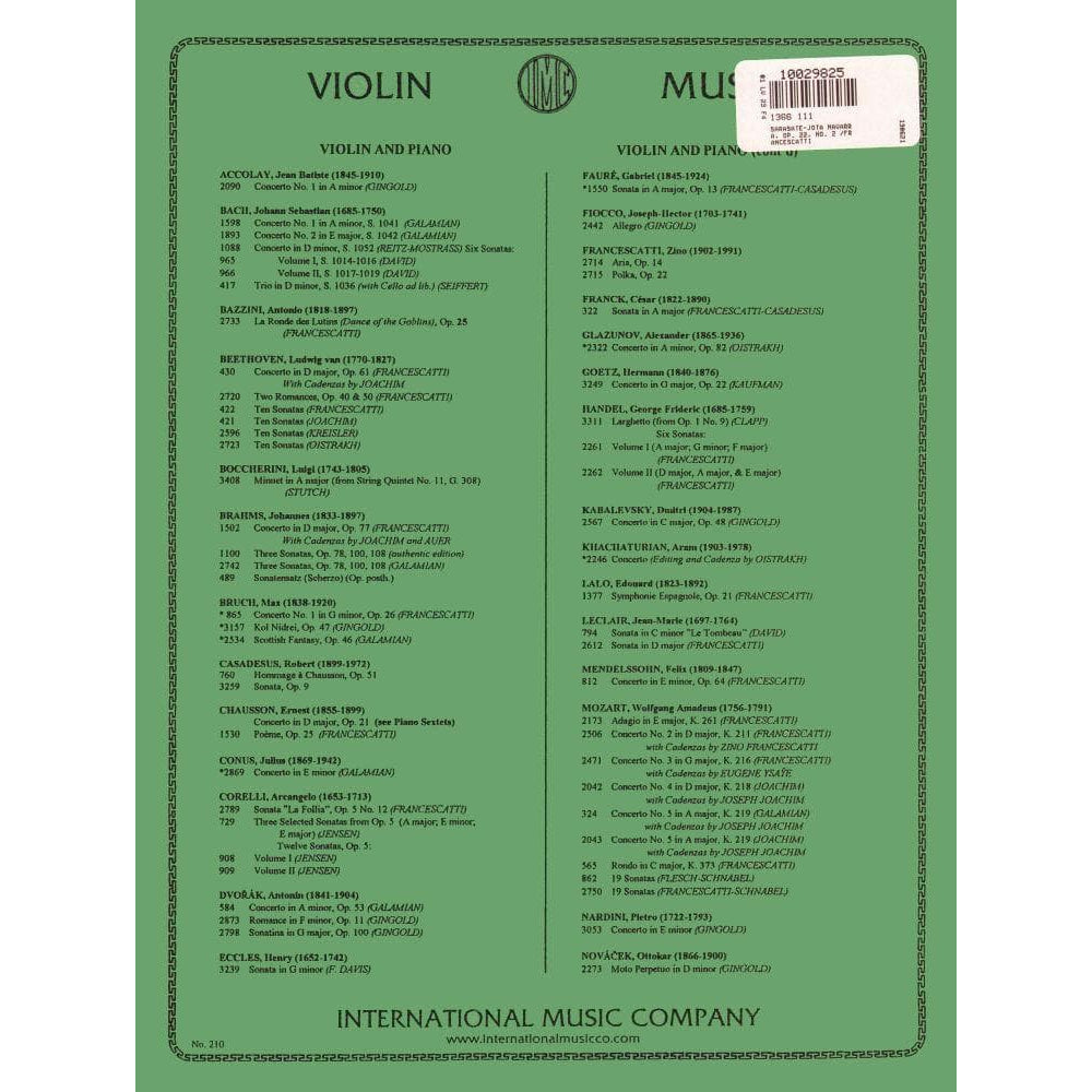 Sarasate, Pablo de - Jota Navarra, Op 22, No 2 - for Violin and Piano - edited by Francescatti - International Music Company