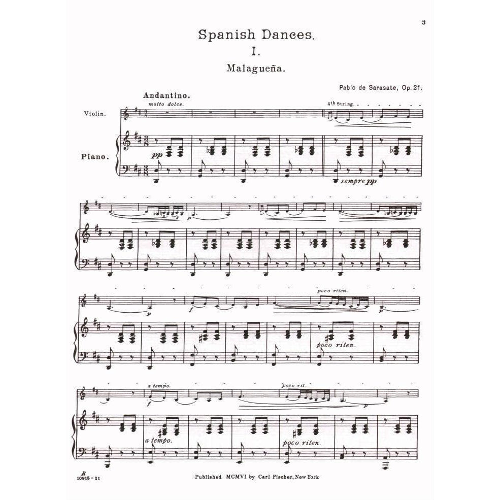 Sarasate, Pablo de - Malaguena Op 21 - for Violin and Piano - Carl Fischer