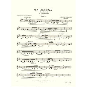 Sarasate, Pablo de - Malaguena Op 21 No 1 - for Violin and Piano - edited by Francescatti - International Music Company