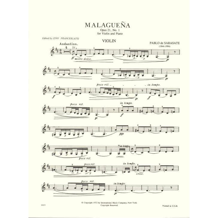 Sarasate, Pablo de - Malaguena Op 21 No 1 - for Violin and Piano - edited by Francescatti - International Music Company