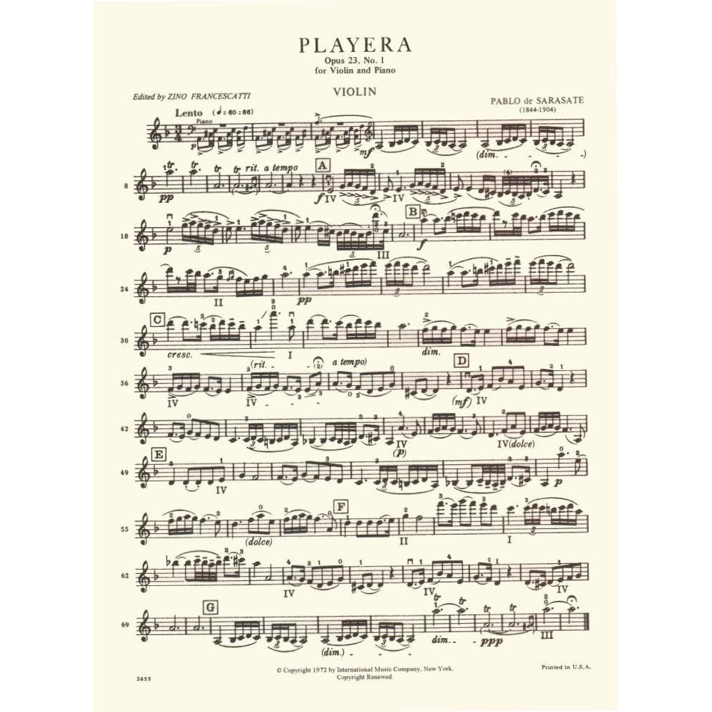 Sarasate, Pablo de - Playera Op 23, No 1 - for Violin and Piano - edited by Francescatti - International Music Company
