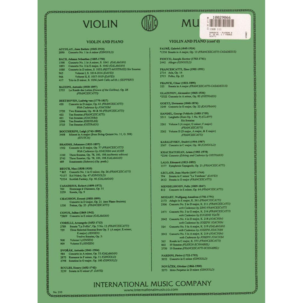 Sarasate, Pablo de - Playera Op 23, No 1 - for Violin and Piano - edited by Francescatti - International Music Company