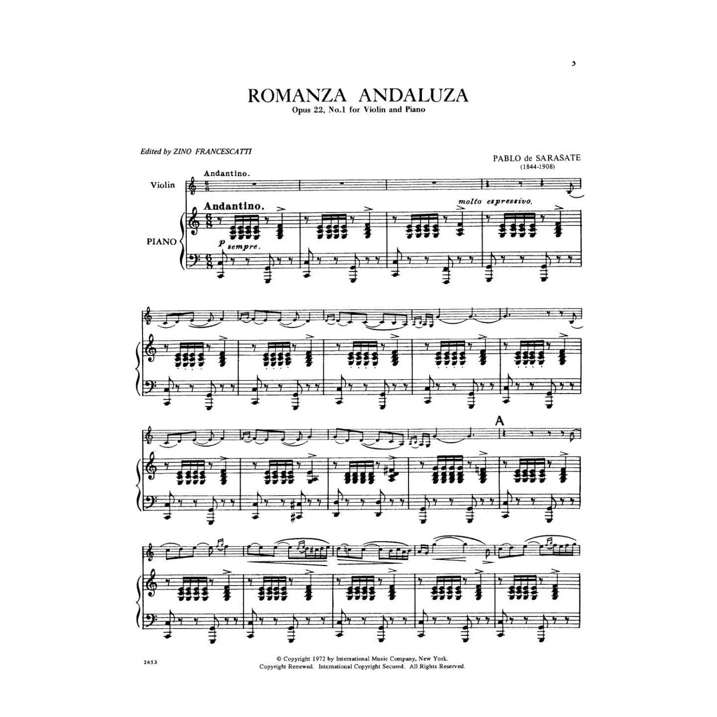 Sarasate, Pablo - Romanza Andaluza Op 22 No 1 For Violin and Piano Published by International Music Company