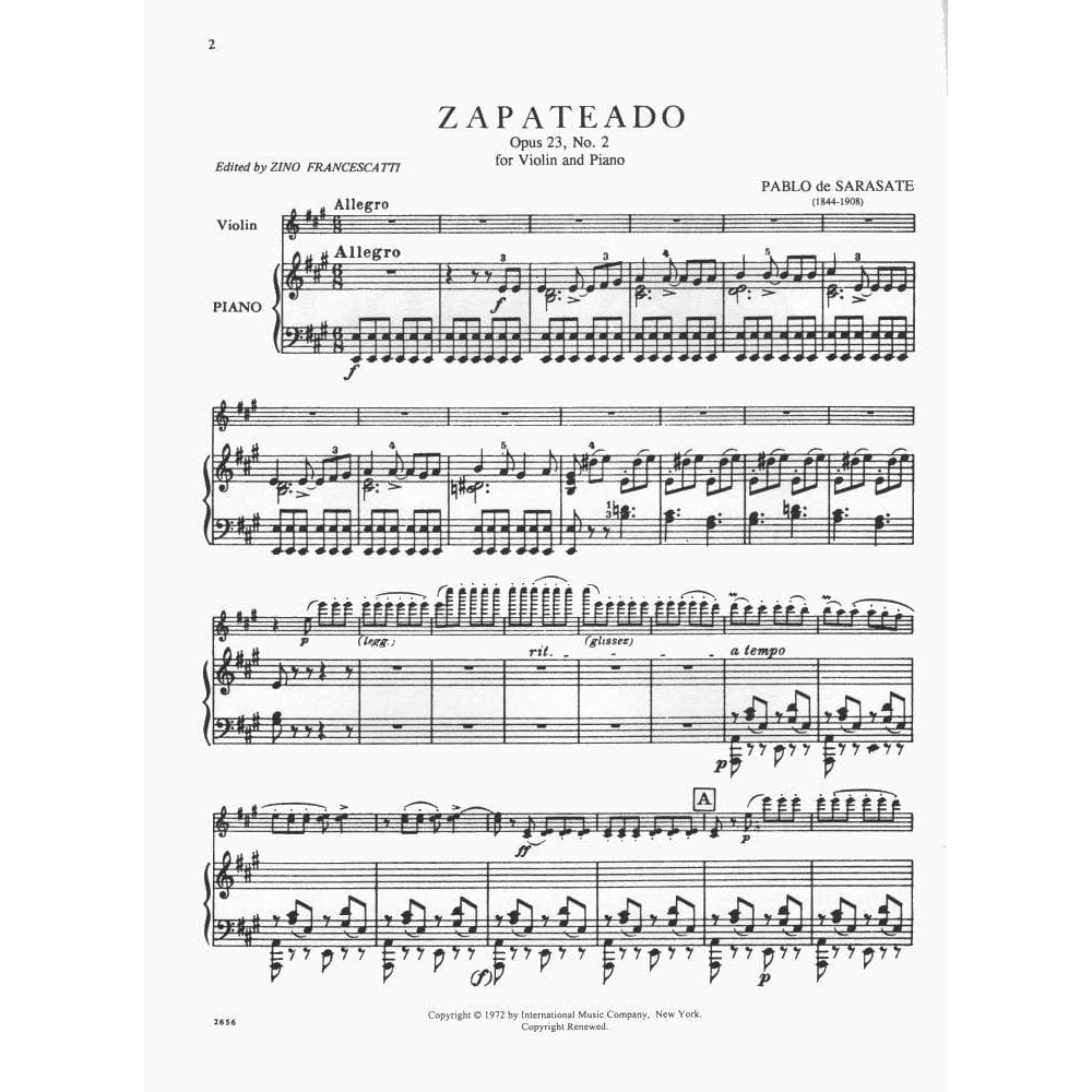 Sarasate, Pablo - Zapateado Op 23 No 2 - for Violin and Piano - edited by Francescatti - International Music Company