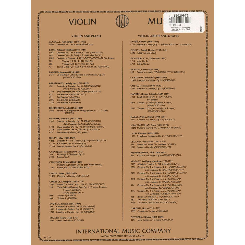 Sarasate, Pablo - Zapateado Op 23 No 2 - for Violin and Piano - edited by Francescatti - International Music Company