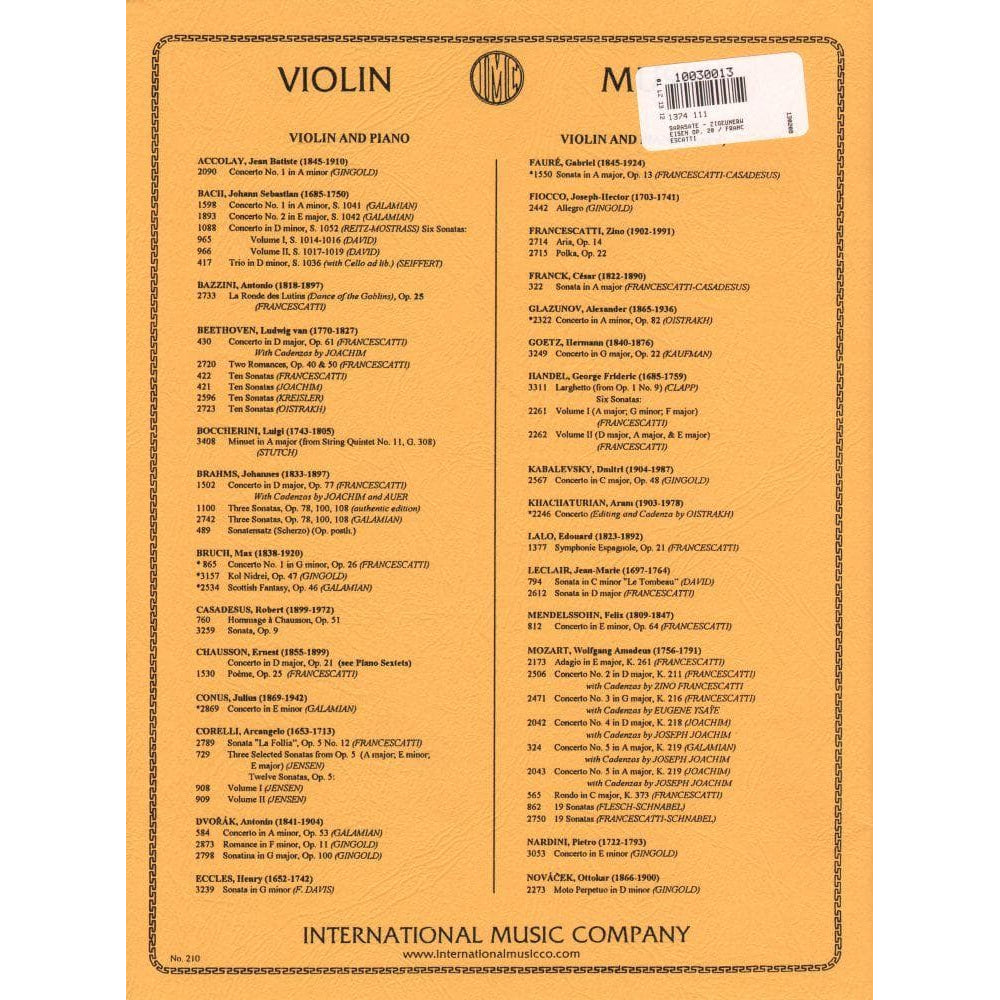 Sarasate, Pablo - Zigeunerweisen Op 20 - for Violin and Piano - edited by Francescatti - by International Music Company