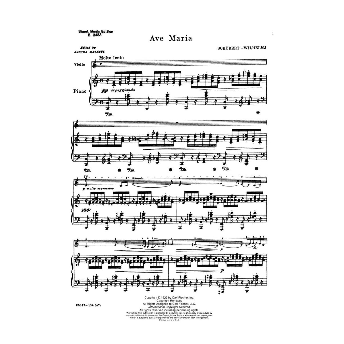 Schubert, Franz - Ave Maria D 839 Wilhelmj For Violin and Piano Edited by Jascha Heifetz Published by Carl Fischer