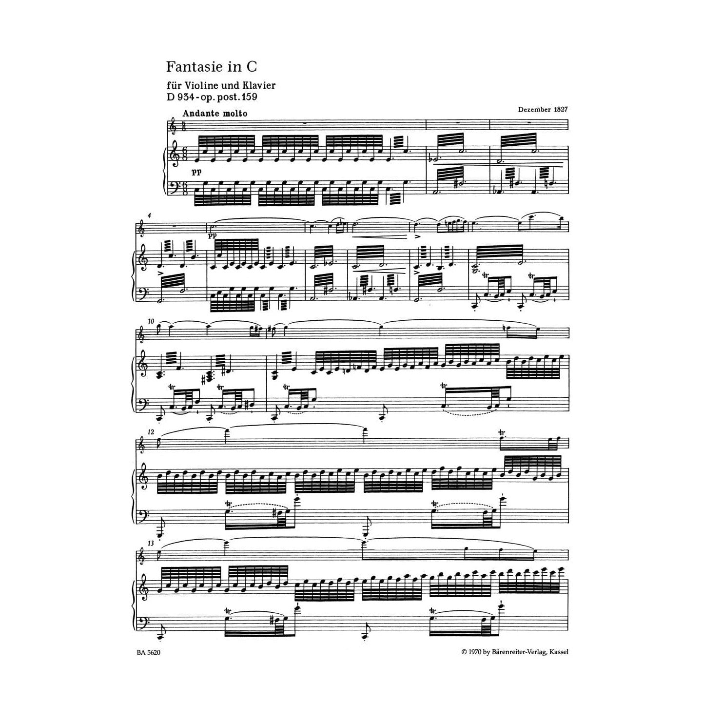 Schubert, Franz - Fantasia In C Major, Op 159, D 934 - for Violin and Piano - Barenreiter URTEXT
