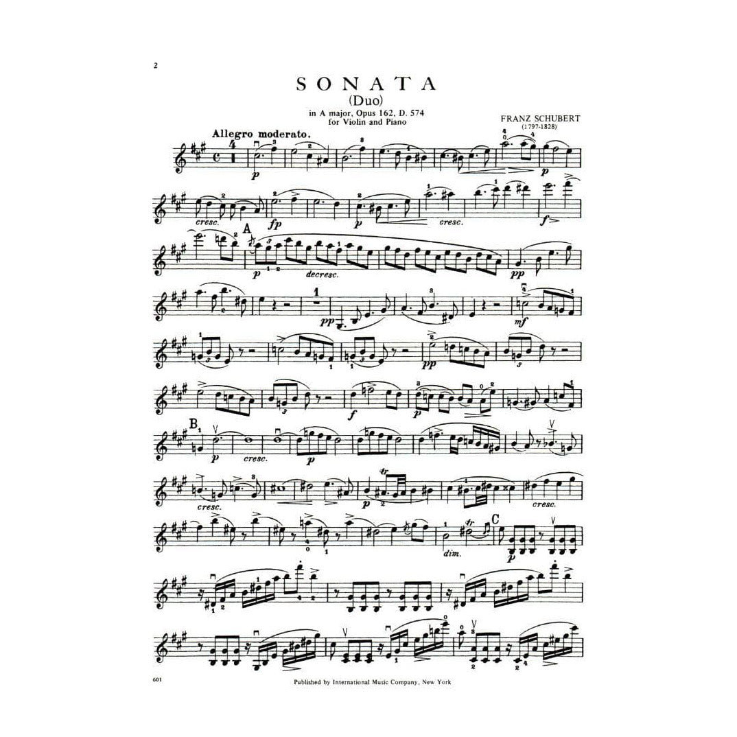 Schubert, Franz - Sonata in A Major (Duo), Op 162, D 574 For Violin and Piano Published by International Music Company