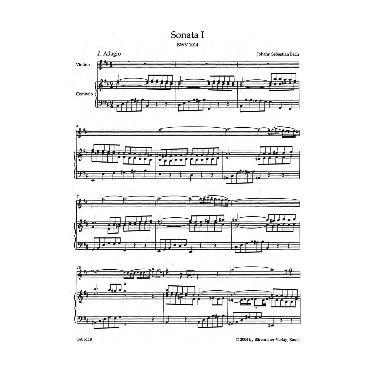 Bach, JS - 6 Sonatas for Violin and Piano, BWV 1014-1019, Volume 1 - for Violin and Piano -  edited by Wollny and Manze - Barenreiter Verlag URTEXT Edition