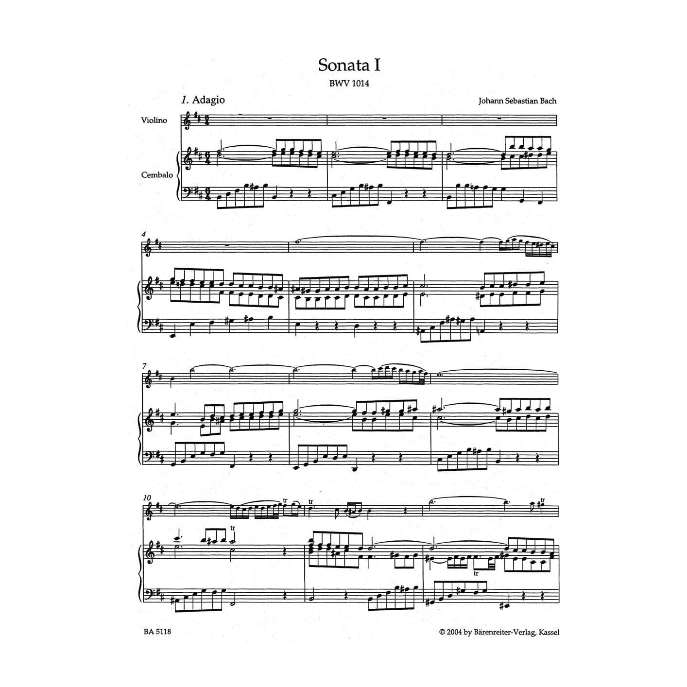 Bach, JS - 6 Sonatas for Violin and Piano, BWV 1014-1019, Volume 1 - for Violin and Piano -  edited by Wollny and Manze - Barenreiter Verlag URTEXT Edition