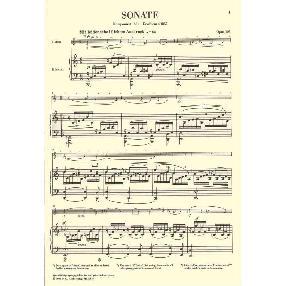 Schumann, Robert - Violin Sonata in A Minor, Op 105 - Violin and Piano - edited by Kurt Guntner - Henle
