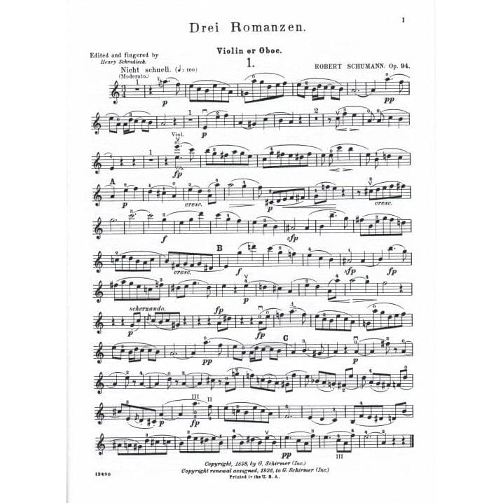 Schumann, Robert - 3 Romances, Op 94 - Violin or Oboe or Clarinet in A and piano - edited by Schradieck - Schirmer