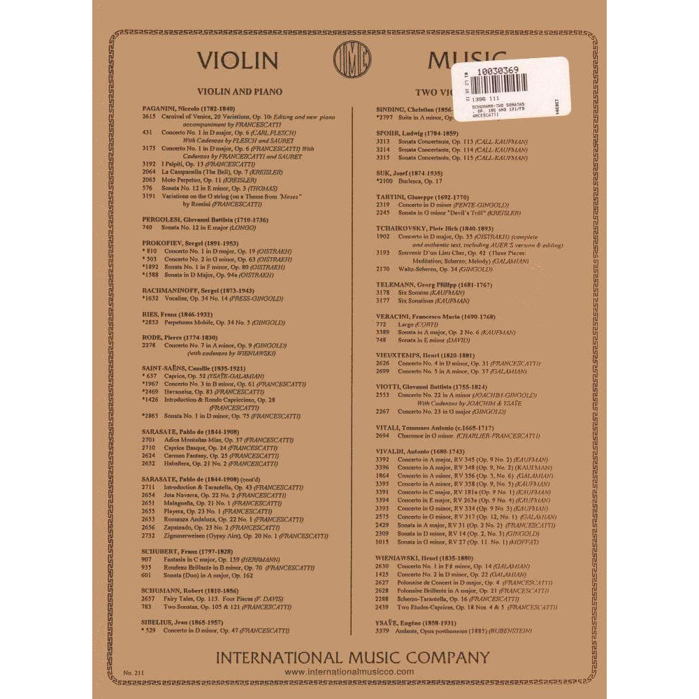 Schumann, Robert - 2 Violin Sonatas, Op 105 and 121 - Violin and Piano - edited by Francescatti - International Music Company