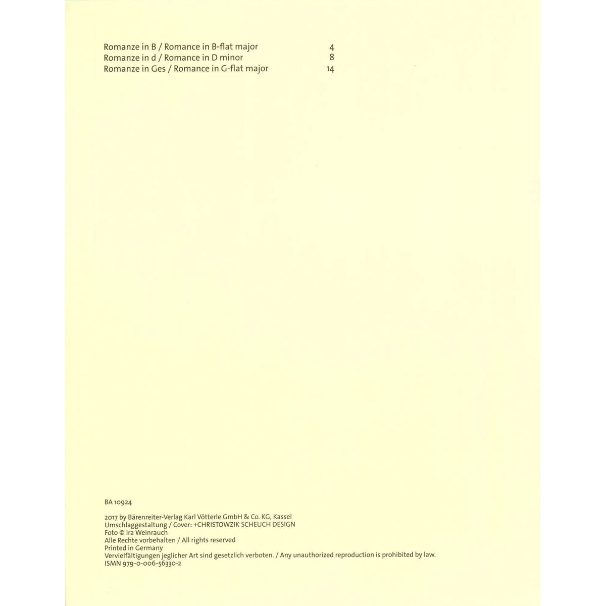 Kim, Roman - Three Romances - for Violin and Piano - Barenreiter