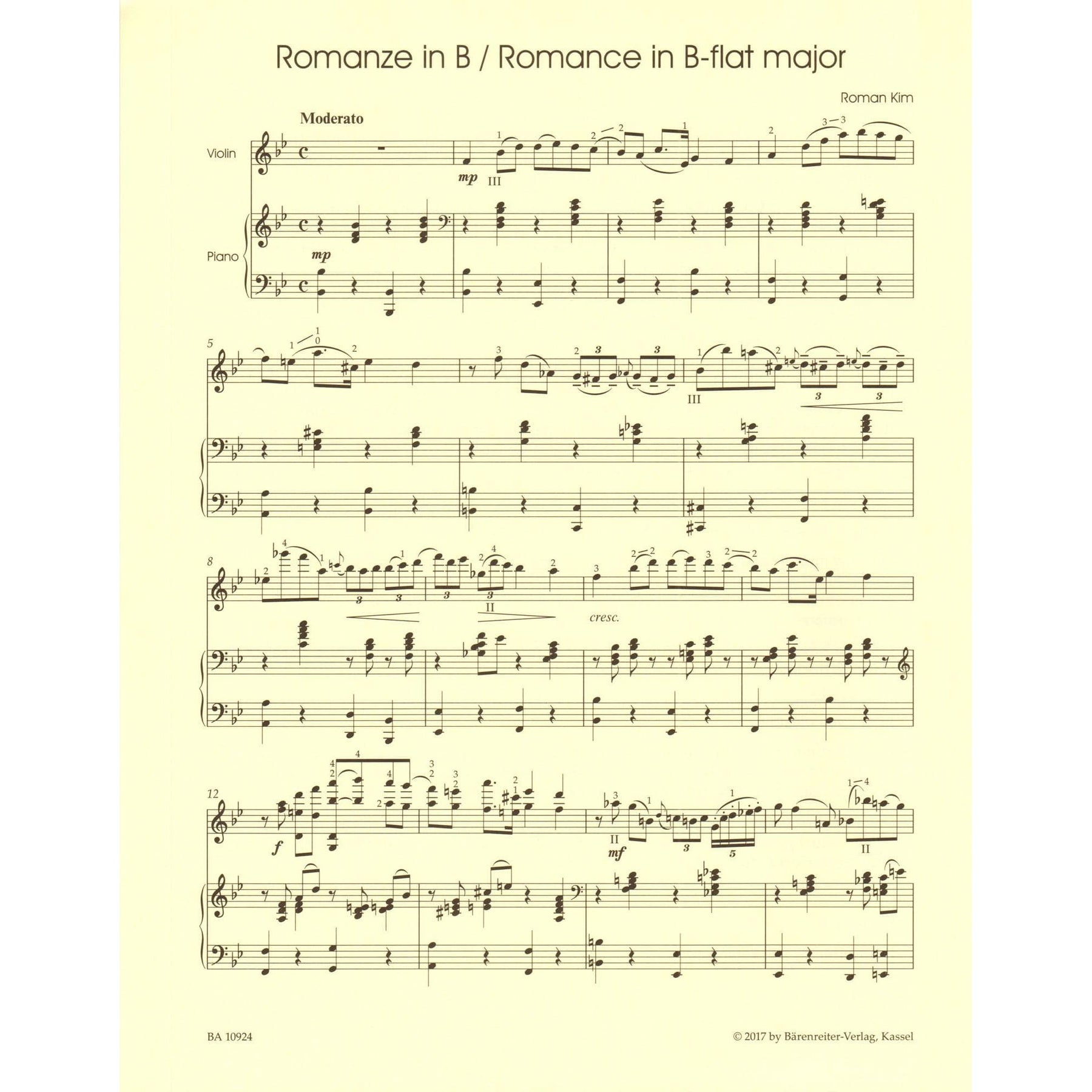 Kim, Roman - Three Romances - for Violin and Piano - Barenreiter