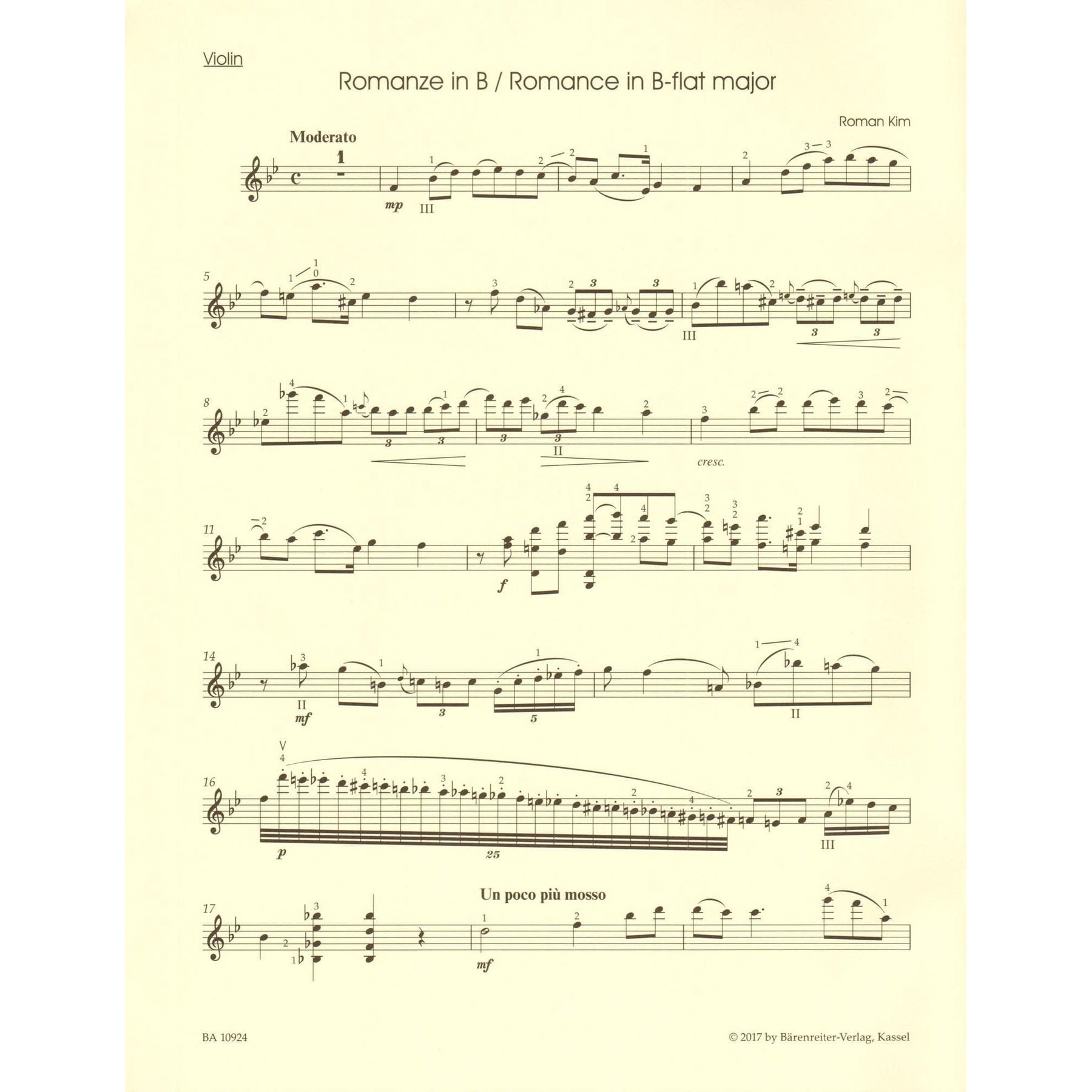Kim, Roman - Three Romances - for Violin and Piano - Barenreiter