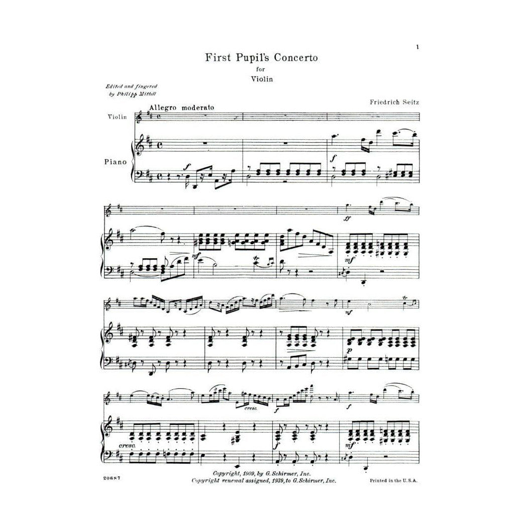 Seitz, Fritz (Friedrich) - Student's Concerto No 1 In D Major Op 7 For Violin and Piano Published by G Schirmer