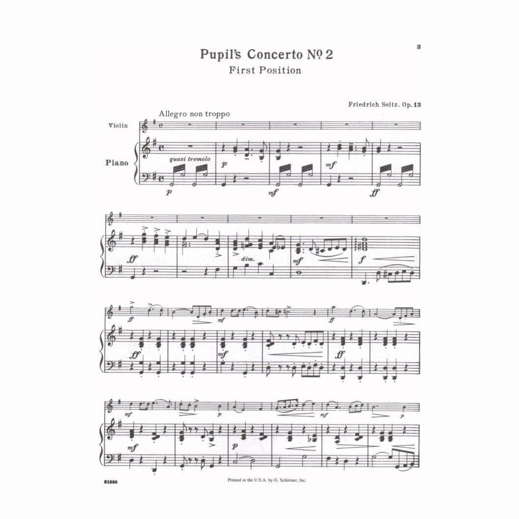 Seitz, Fritz (Friedrich) - Student's Concerto No 2 in G Major, Op 13 - Violin and Piano - Schirmer