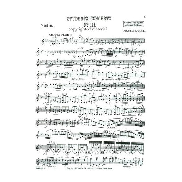Seitz, Fritz (Friedrich) - Student's Concerto No 3 in G Minor, Op 12 - Violin and Piano - Carl Fischer