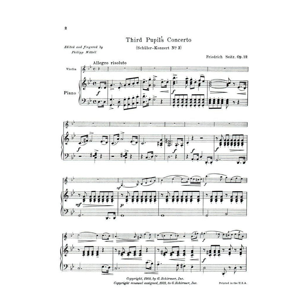 Seitz, Fritz (Friedrich) - Students' Concerto No 3 in g minor, Op 12 For Violin and Piano Published by G Schirmer