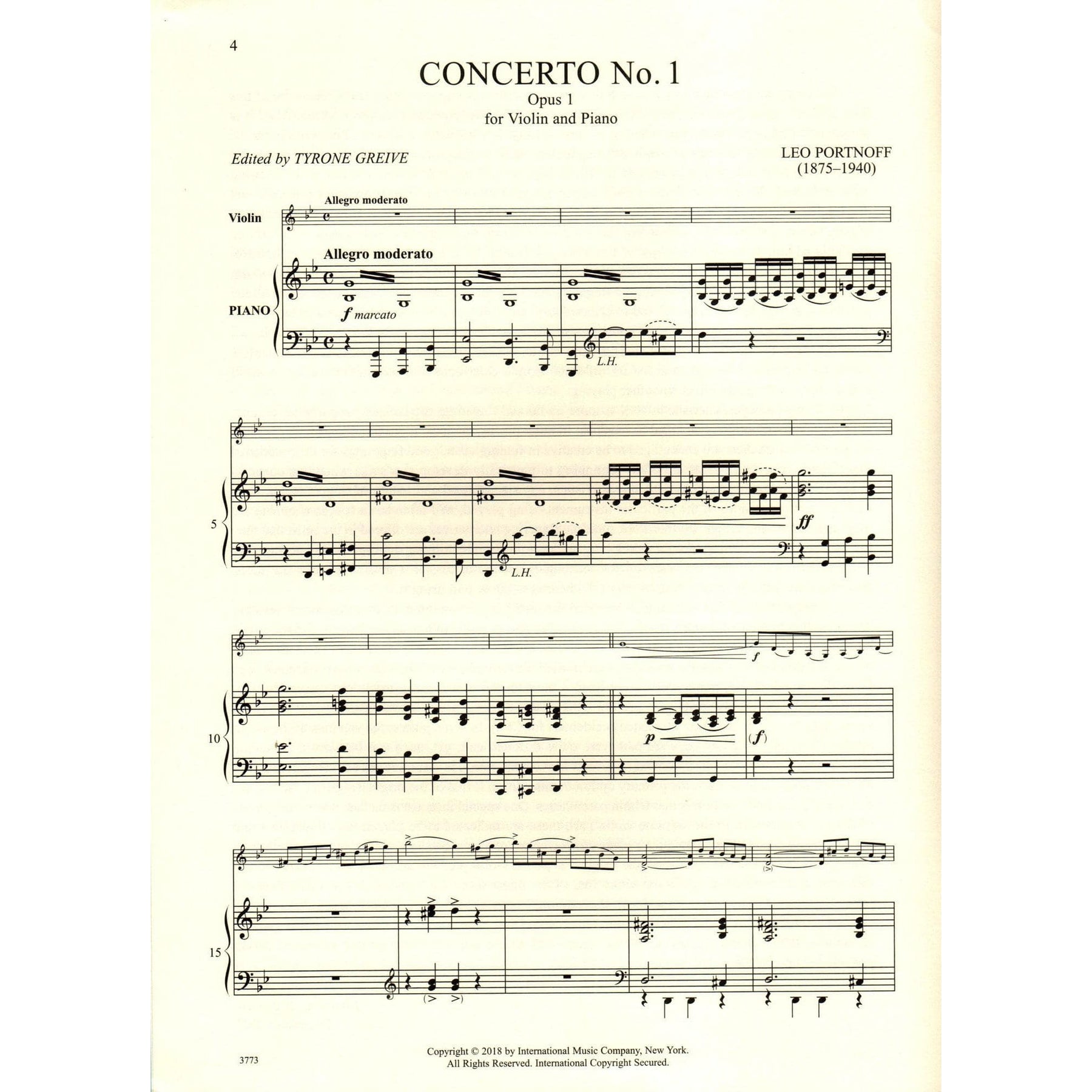 Portnoff, Leo - Concerto No. 1, Op. 1 - for Violin and Piano - edited by Greive - International