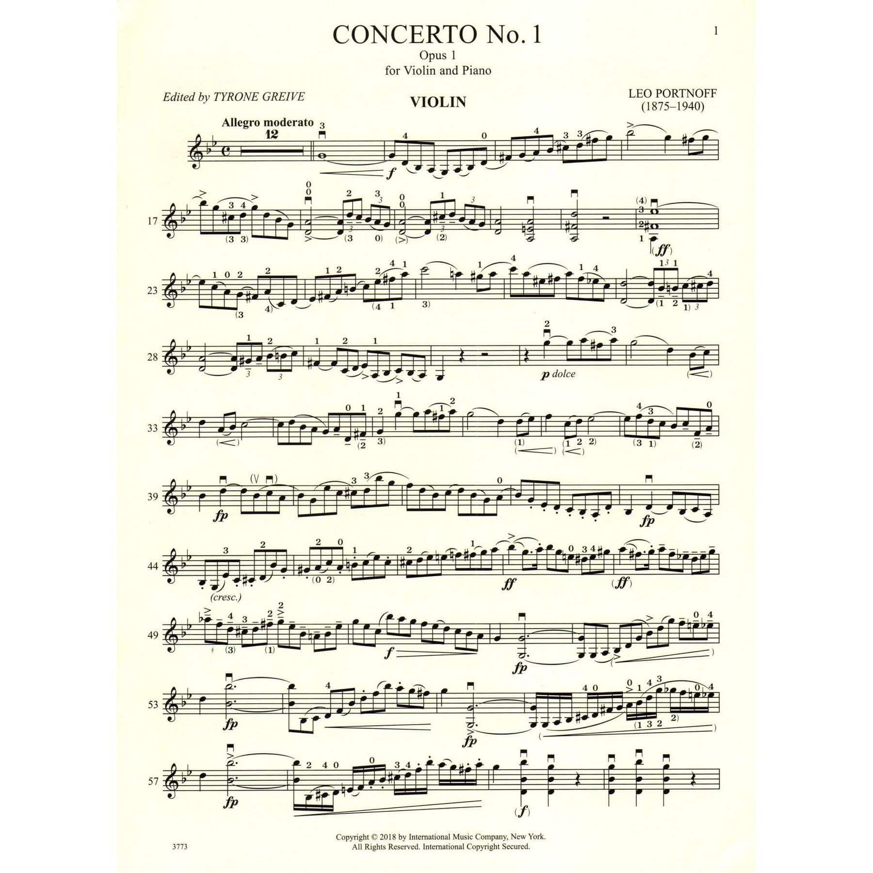Portnoff, Leo - Concerto No. 1, Op. 1 - for Violin and Piano - edited by Greive - International