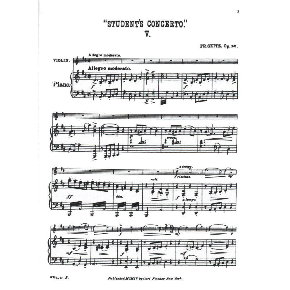 Seitz, Fritz (Friedrich) - Student's Concerto No 5 in D Major, Op 22 - Violin and Piano - Carl Fischer