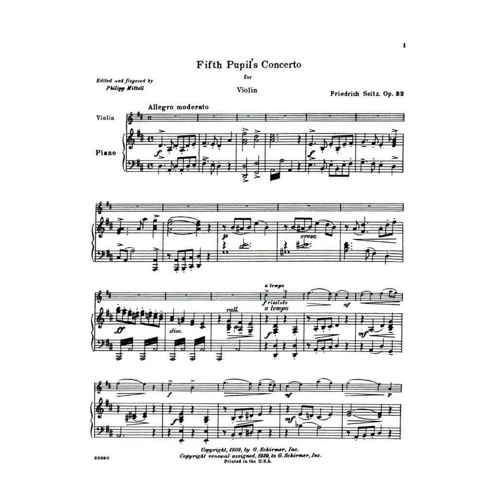 Seitz, Fritz (Friedrich) - Student's Concerto No 5 In D Major Op 22 For Violin and Piano Published by G Schirmer