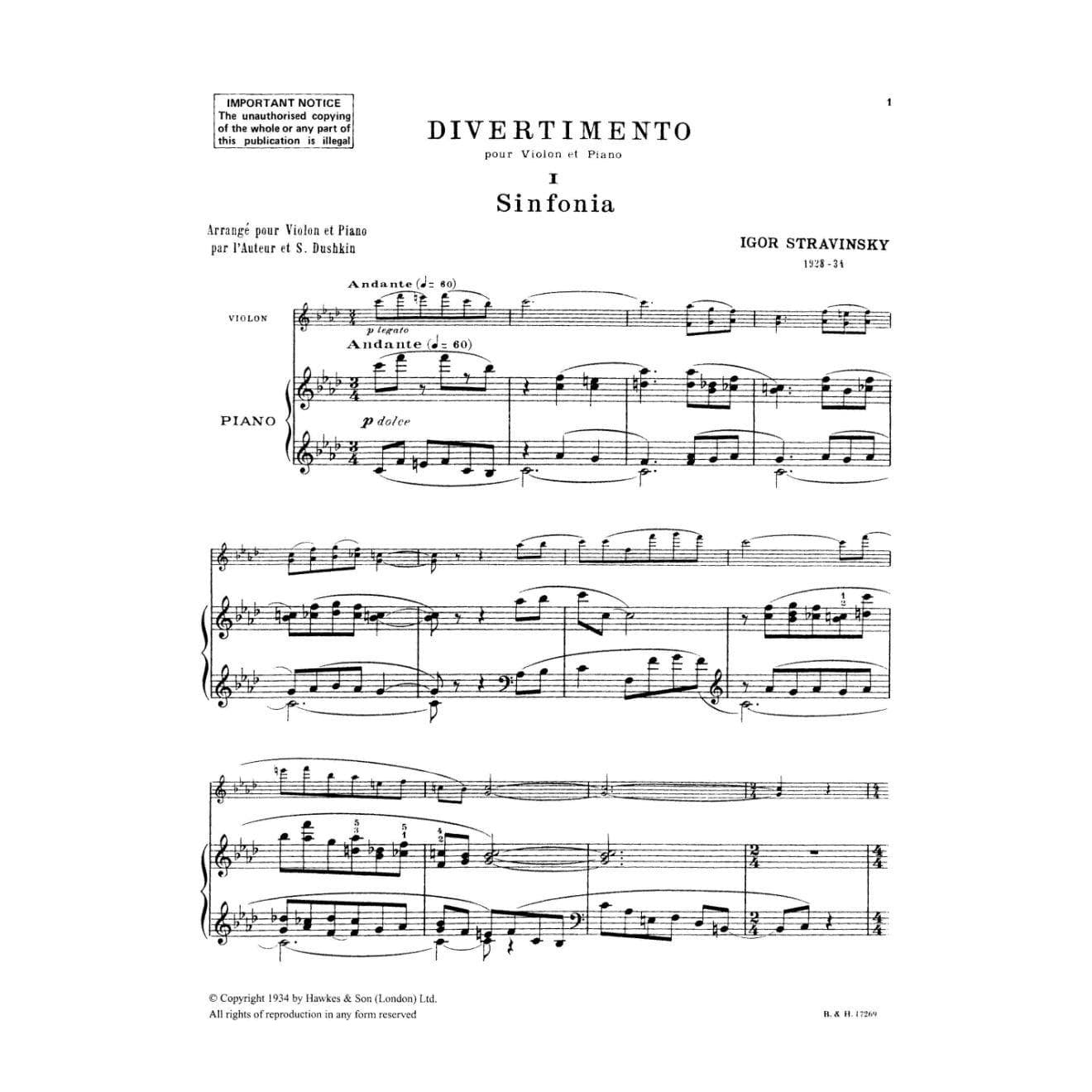 Stravinsky, Igor - Divertimento For Violin and Piano Published by Boosey & Hawkes