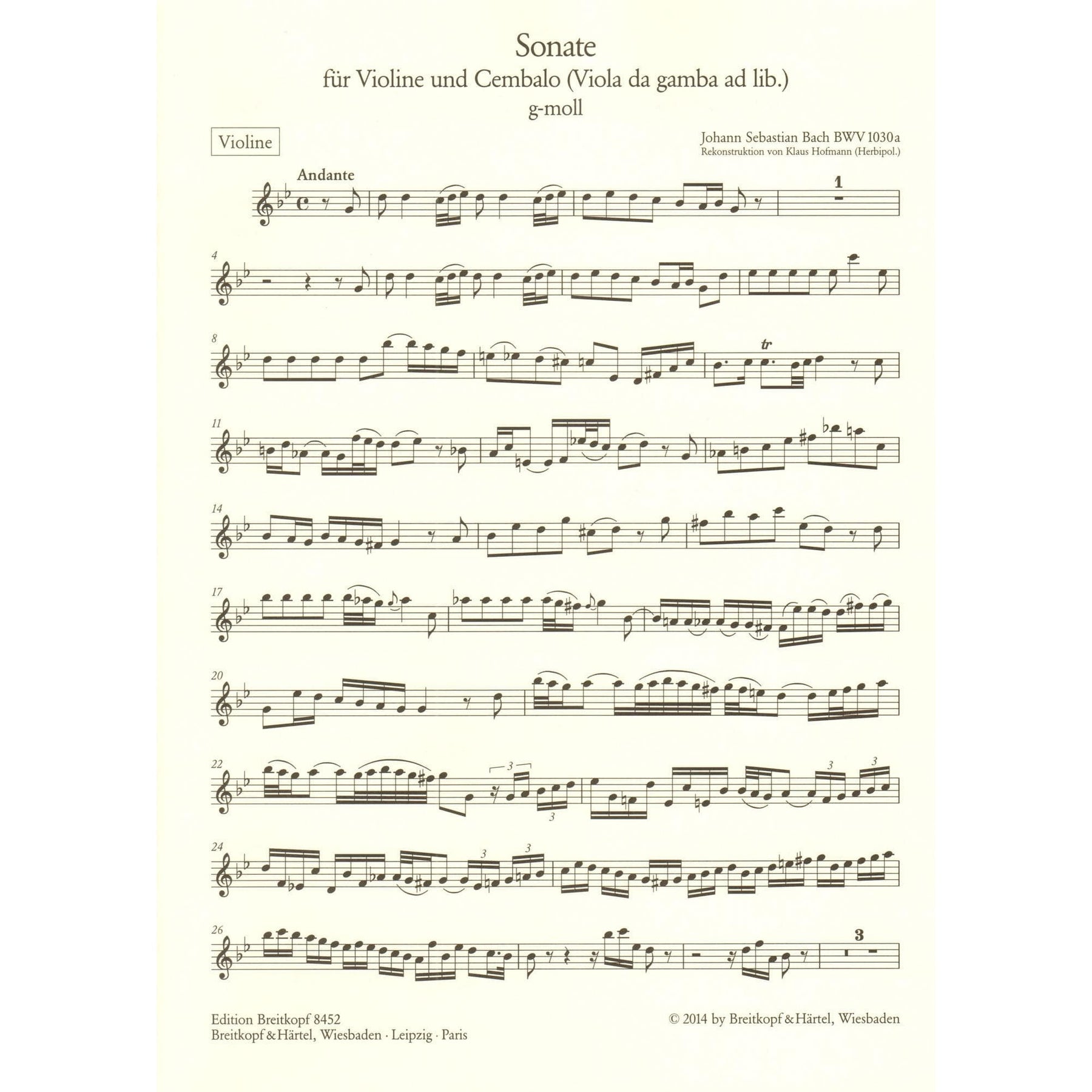 Bach, J.S. - Sonata for Violin and Cembalo in G Minor - optional Viola da gamba part - BWV 1030a - Edition Breitkopf
