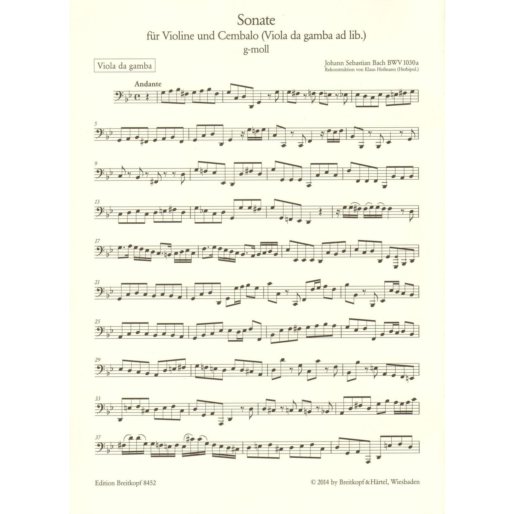 Bach, J.S. - Sonata for Violin and Cembalo in G Minor - optional Viola da gamba part - BWV 1030a - Edition Breitkopf