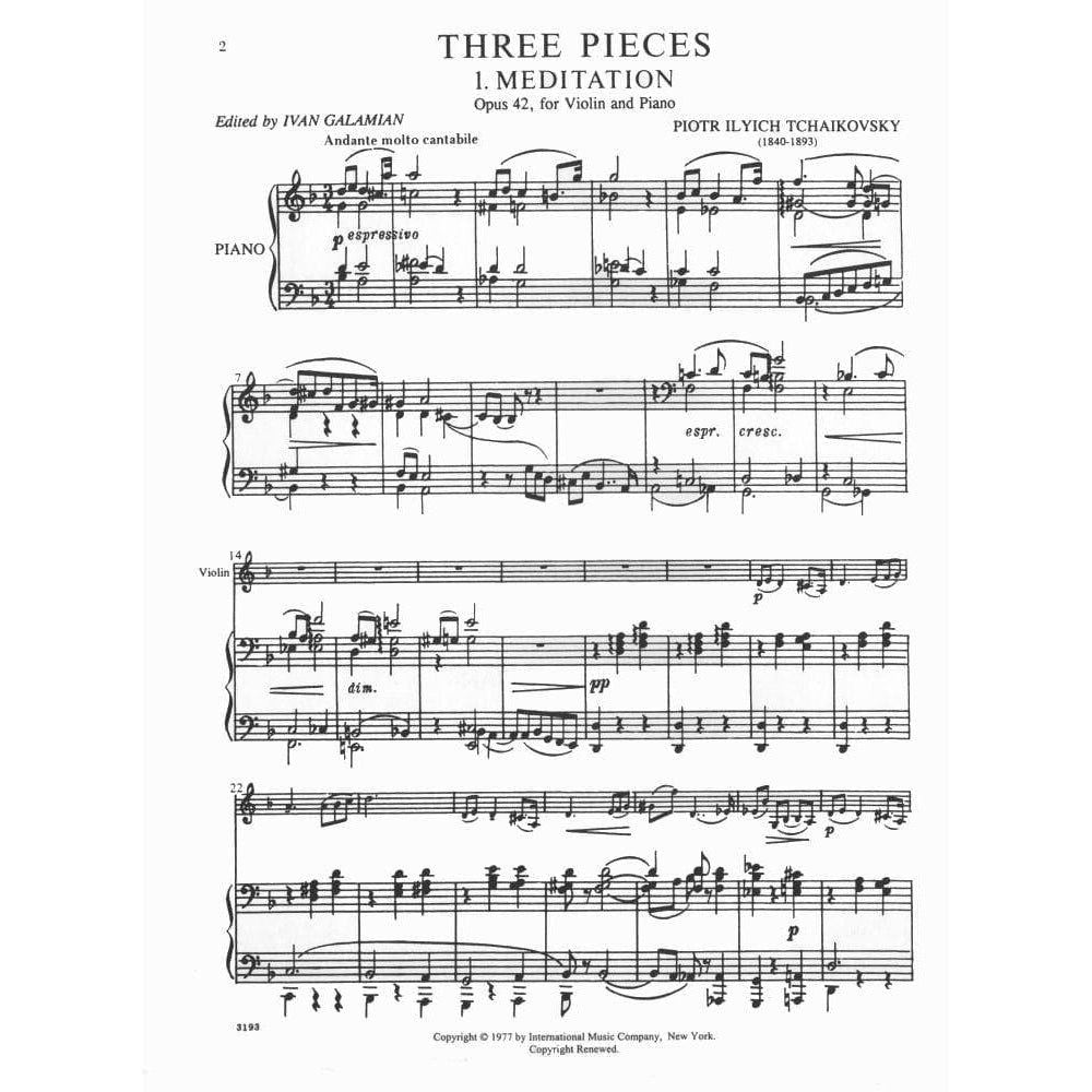 Tchaikovsky, PI - Souvenir d'un Lieu Cher: Meditation, Scherzo and Melodie, Op 42 - Violin and Piano - edited by Galamian - International Music Company
