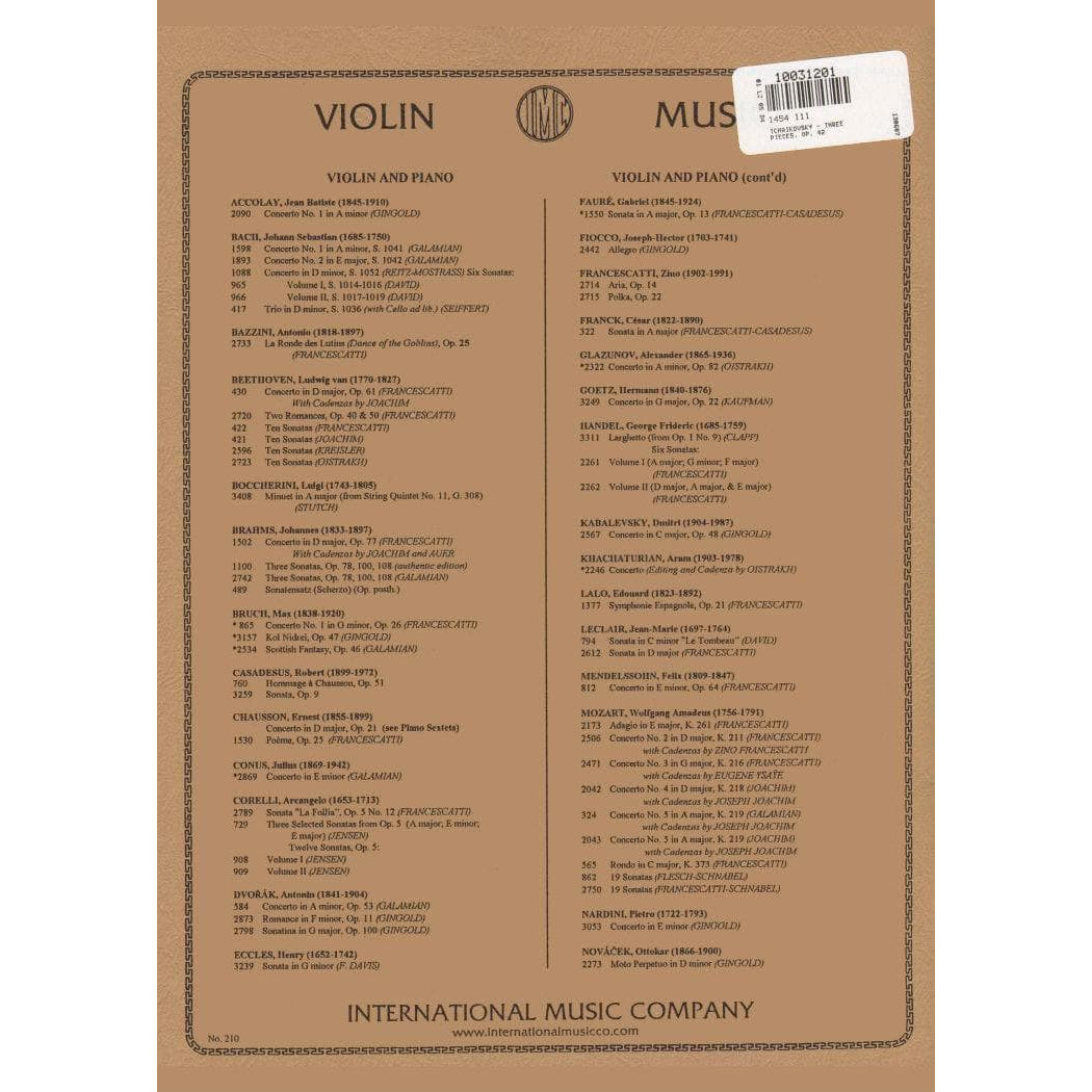 Tchaikovsky, PI - Souvenir d'un Lieu Cher: Meditation, Scherzo and Melodie, Op 42 - Violin and Piano - edited by Galamian - International Music Company