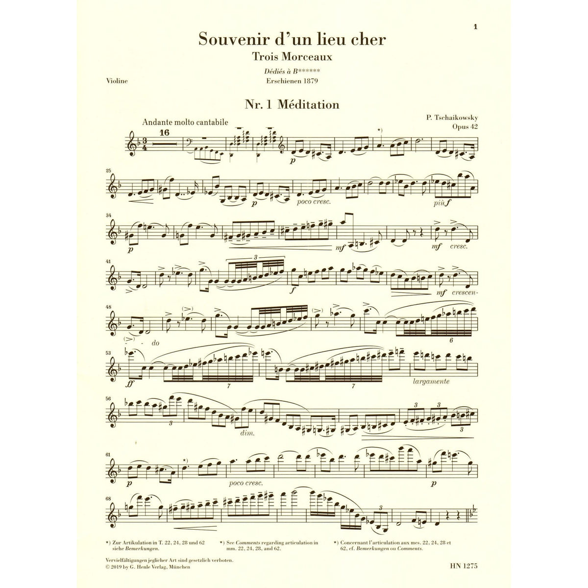 Tchaikovsky, PI - Souvenir d'un Lieu Cher, Op 42 - Violin and Piano - edited by Komarov - G Henle Verlag URTEXT