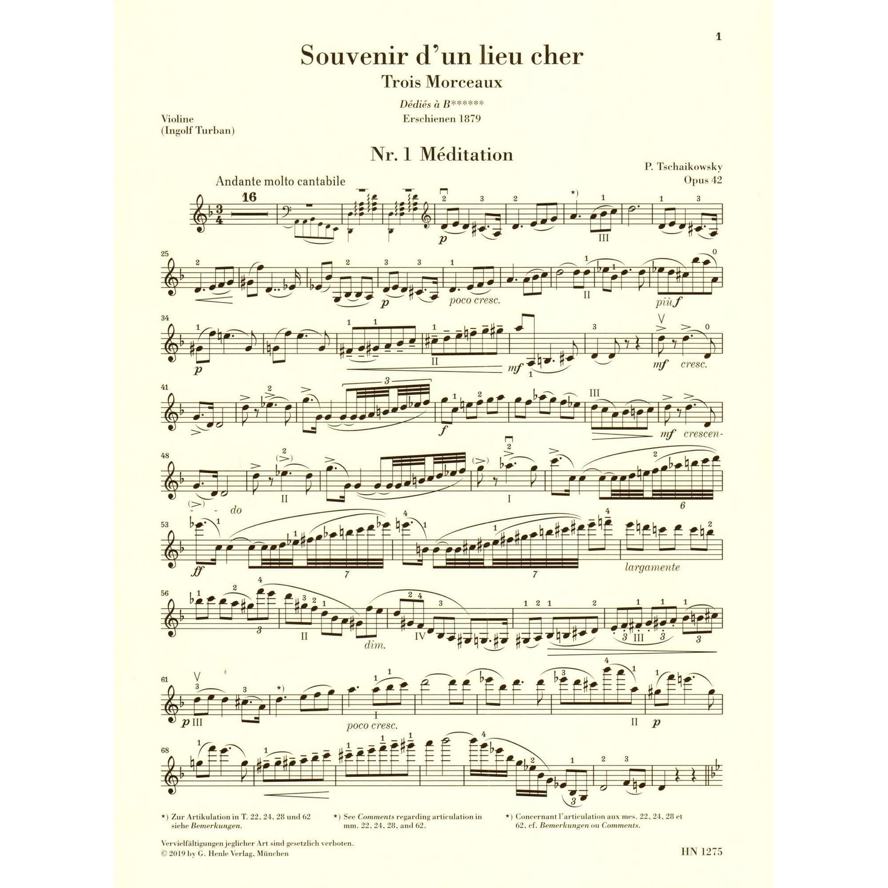 Tchaikovsky, PI - Souvenir d'un Lieu Cher, Op 42 - Violin and Piano - edited by Komarov - G Henle Verlag URTEXT