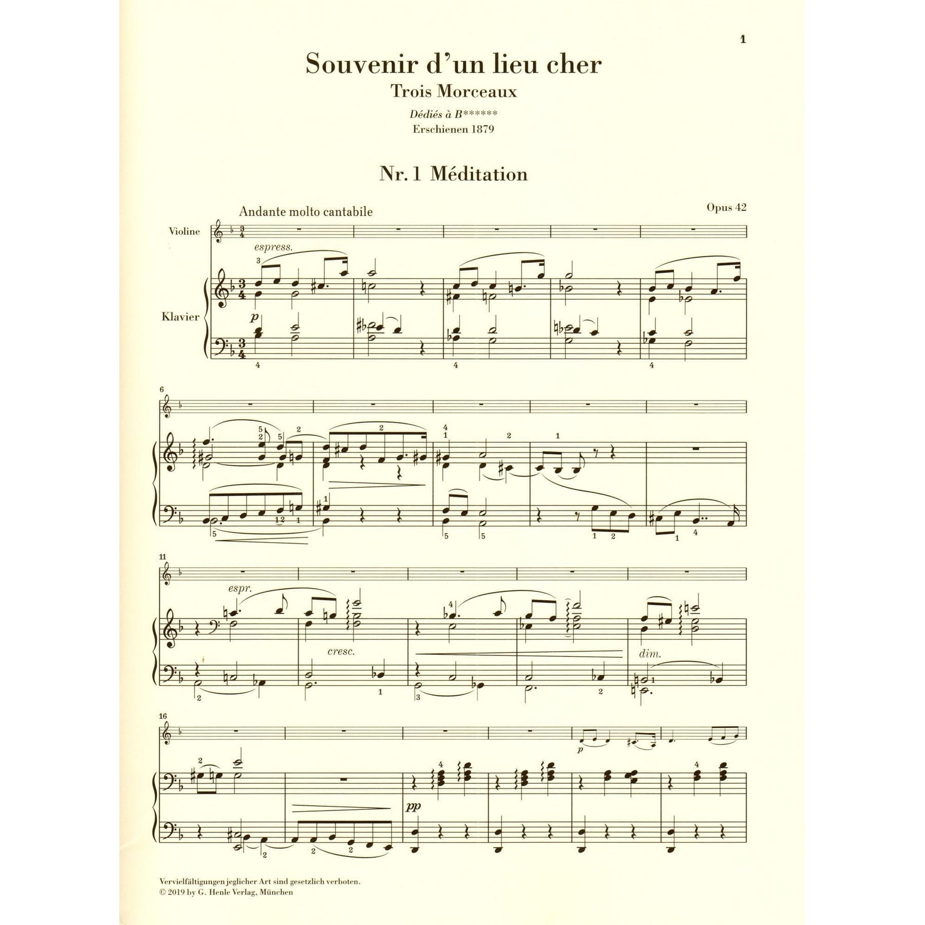Tchaikovsky, PI - Souvenir d'un Lieu Cher, Op 42 - Violin and Piano - edited by Komarov - G Henle Verlag URTEXT