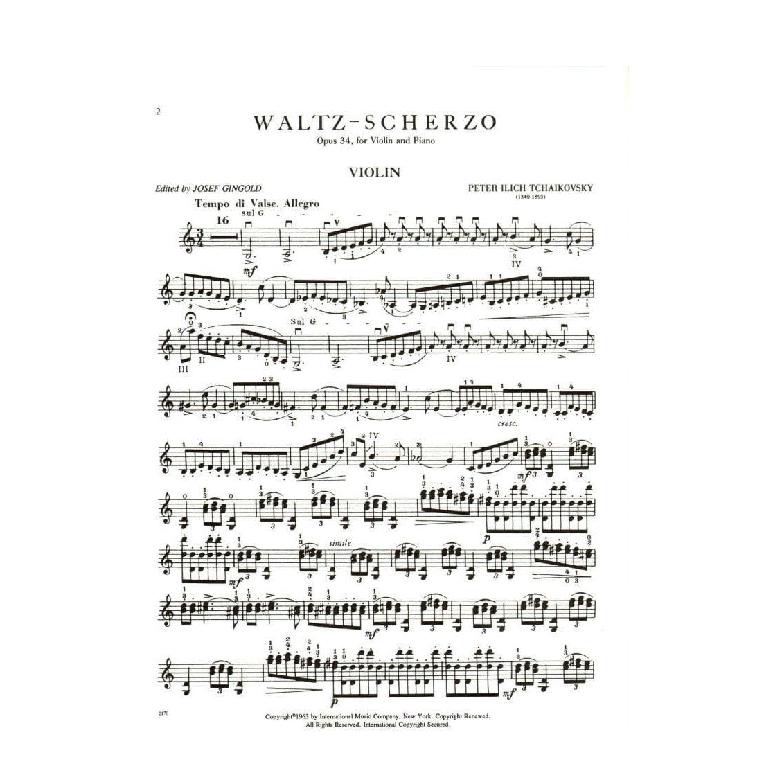 Tchaikovsky, Pyotr Ilyich - Waltz Scherzo Op 34 For Violin and Piano Edited by Gingold Published by International Music Company