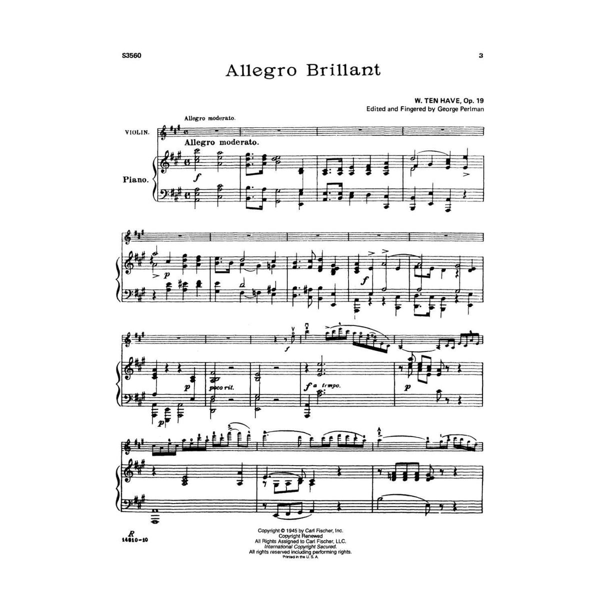 Ten Have - Allegro Brillante Op 19 For Violin and Piano Published by Carl Fischer