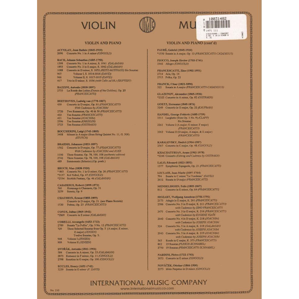 Vieuxtemps, Henri - Violin Concerto No 4 in D Minor, Op 31 - Violin and Piano - edited by Francescatti - International Music Company